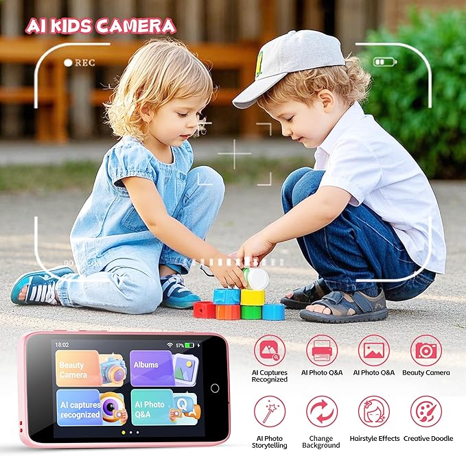 Kids Camera, 3.97IN AI Digital Camera with Beauty Camera, Flashlight, 1080P HD Video Selfie Camera Dual Lens, Portable Toy Christmas Birthday Gifts for Children, 2000mA(Pink)