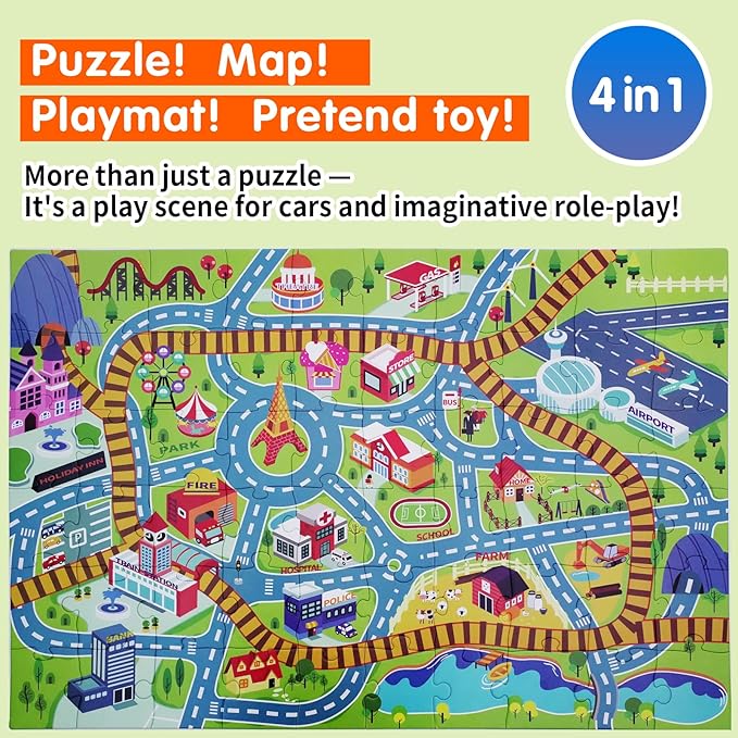 City PlayMat Jumbo Floor Puzzle for Kids Ages 3-8，60-Piece Large Jigsaw Puzzles, Town Map with Race Tracks & Train Tracks，Educational Toy for Pretend Play, Ideal Gift for Preschoolers