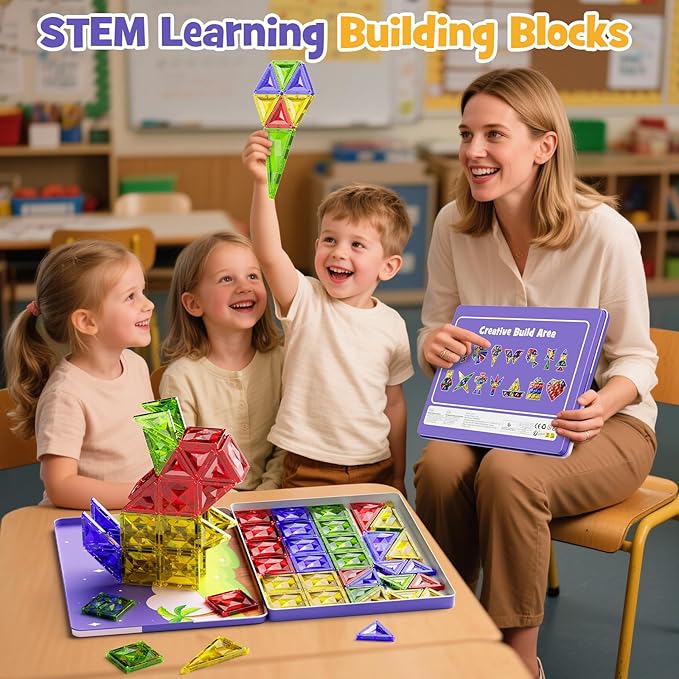 60pcs Diamond Magnetic Tile, Magnetic Building Blocks Magnet Toy with Iron Box, STEM Educational Montessori Indoor Building Kit for Preschool Boys Girls Age 3+ Classroom Must Haves