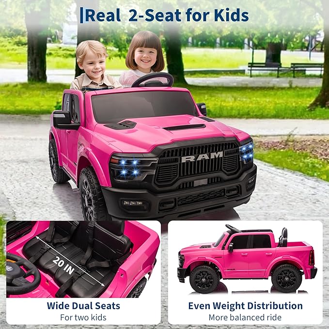 24V Ride on Car Licensed RAM 2500, 2 Seater Ride on Car for Kids w/Remote Control, Toddler Electric Car w/Truck Bed, 3 Speed, LED Lights, Bluetooth, Suspension, Gifts for Boys Girls, Pink