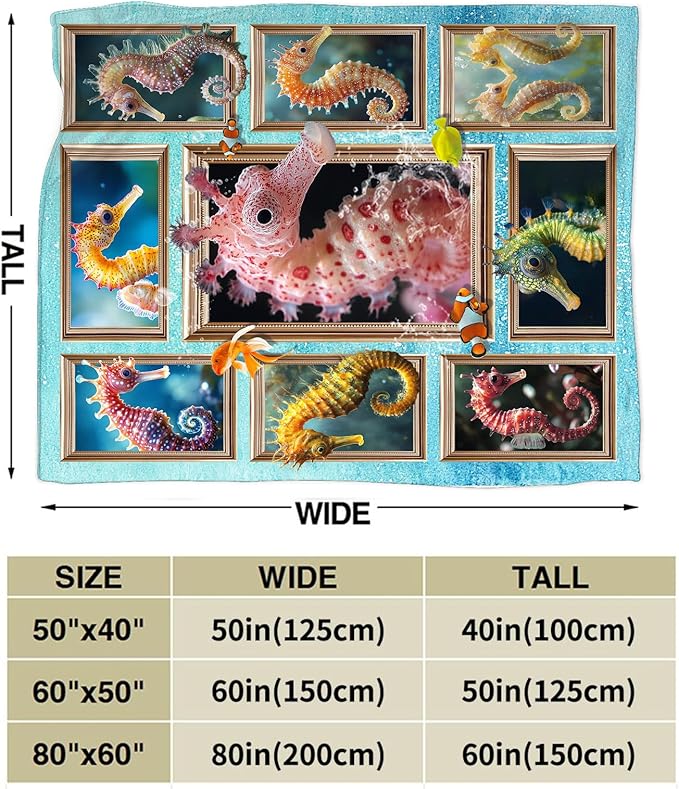 Seahorse Blanket Fleece Soft Warm Plush Sea Ocean Animal Throw Blanket Lightweight Plush Fuzzy Cozy Undersea Blankets for Lover Kids Adult Suitable for Couch Sofa Bed 80"X60"
