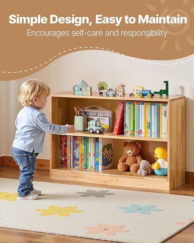 VEVOR Montessori Bookshelf, Wooden Toy Storage Organizer, 2-Cubby Toy Organizers and Storage, Daycare Furniture, Kids Bookshelf for Bedroom, Nursery, Living Room, Entryway, Preschool, Rubberwood