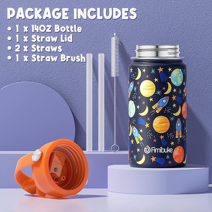 Fimibuke Kids Insulated Water Bottle, 14oz BPA FREE 18/8 Stainless Steel Travel Tumbler Double Wall Vacuum Leak Proof Kids Cup with Straw Metal Water Bottle for School Boys Girls(1 Pack, Space)