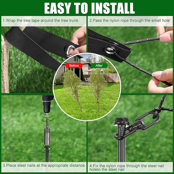 Lasnten 6 Set Tree Stake Kits Heavy Duty Tree Staking and Supports Straps Ties for Straightening Leaning Young Trees Stabilizer Metal Spiral Stakes Anchors Protects from Bad Weather (Black)