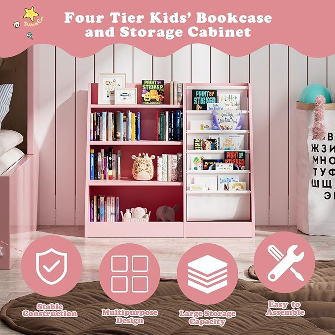 Pink 4-Tier Kids Wooden Bookshelf,5 Layer Sling Bookcase,Baby Storage Book Rack,Kids Book Toy Organizer Chest,Infant Toddler Front Facing Book Display,Playroom Classroom Nursery Church Bedroom