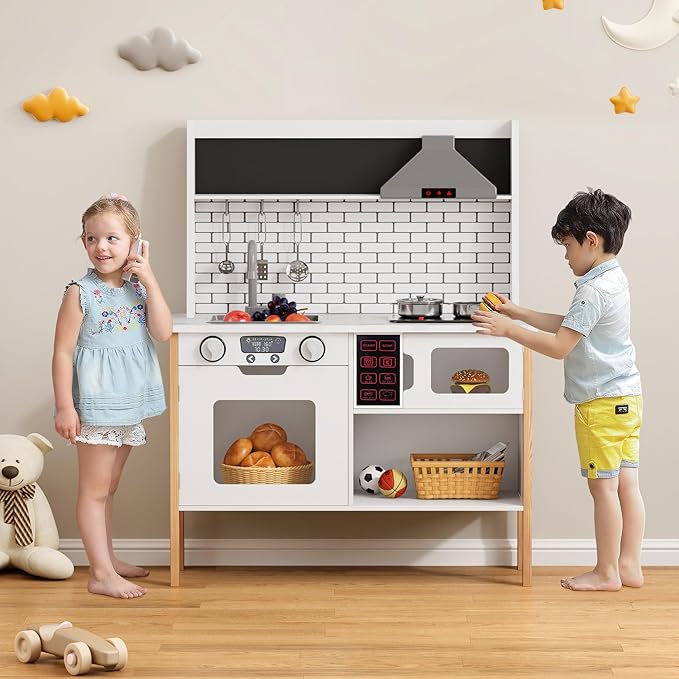 DlandHome Kids Kitchen Playset, Pretend Kitchen Playset with Real Lights & Sounds, Chef Pretend Play Set with Sink Oven Microwave, Ideal Role Play Toy Gift for Toddlers and Kids Ages 3+, White