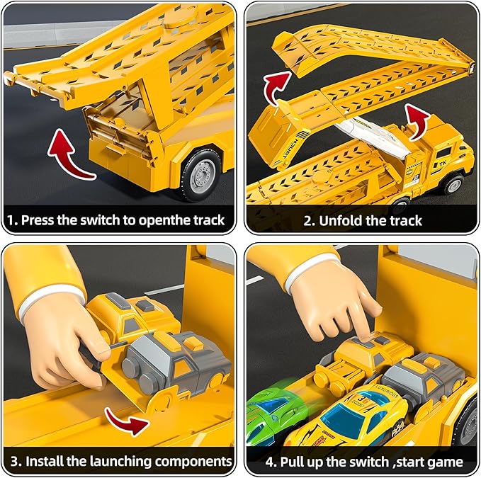 Transport Truck Toys for 3 4 5 6 7 Years Old Boys,Toy Cars Track Set Transporter Trucks with 12 Die-Cast Car Toys 2 Race catapults Dual-Track Model,Toddler Set for Kids Boys Girls,Yellow