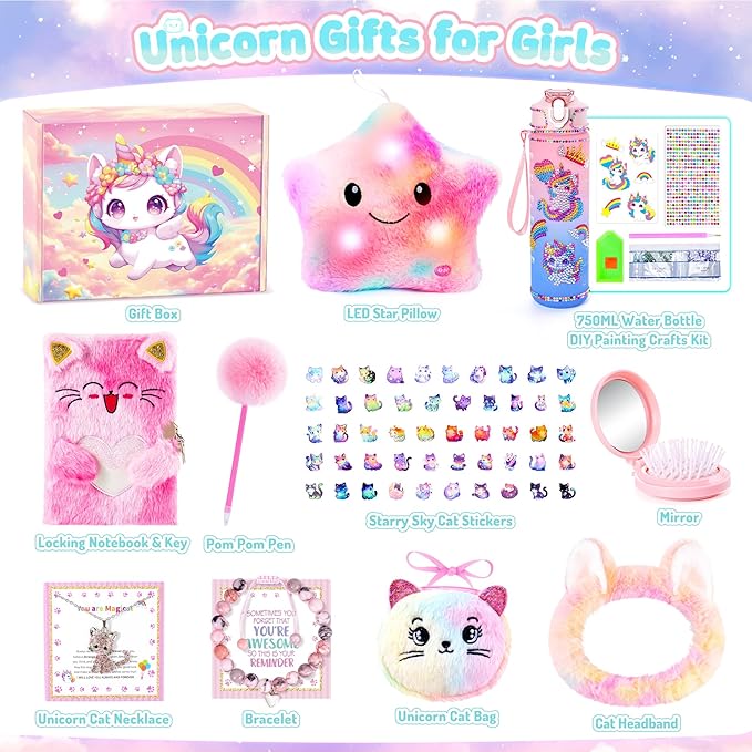 13PCS Unicorn Cat Toys Gifts for Girls 4-6 7 8 9 10 Years Old, Girls Birthday Gifts Set with Light Up Star Pillow DIY Water Bottle Kits, for Daughter Niece Christmas Birthday Baskets for Kids