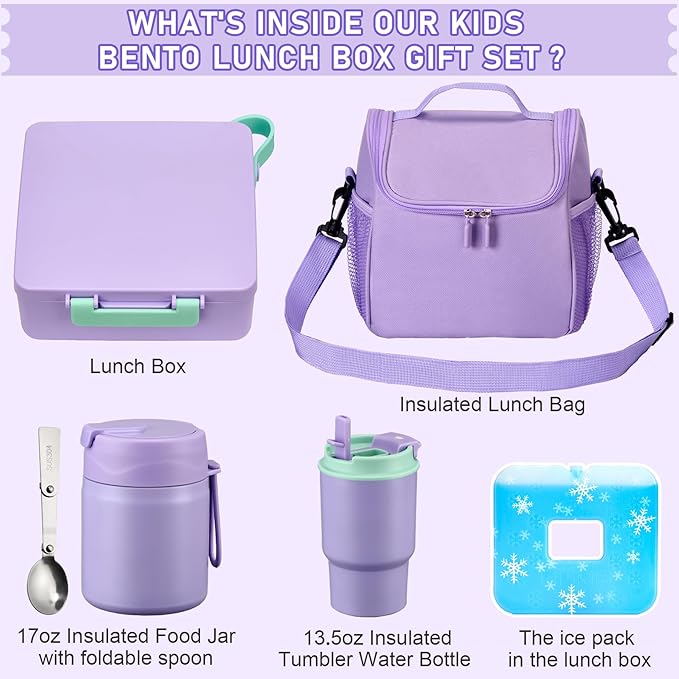 Bento Lunch Box for Kids with 17oz Soup Thermo,Insulated Tumbler Water Bottle and Insulated Lunch Bag,Leak-Proof 3 Compartment Lunch Food Container with Ice Pack for Kids to School-Purple