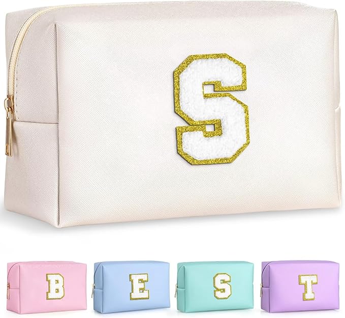 TOPEAST Initial Cosmetic Bag for Women, Preppy Small Makeup Bag, PU Leather Waterproof Toiletry Bag, Monogrammed Birthday Gifts for Women, Stuff for girls (White S)