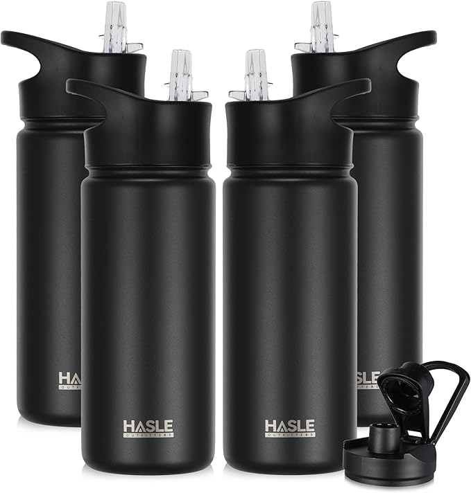 HASLE OUTFITTERS Insulated Water Bottle 16 oz Double Wall Vacuum Stainless Steel Water Bottle Leak Proof for School Wide Mouth with Straw Lid & Spout Lid Keeps Cold and Hot(Black,4pack)