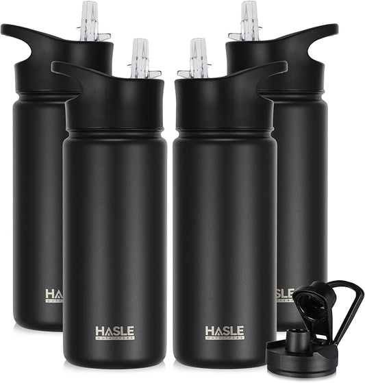 HASLE OUTFITTERS Insulated Water Bottle 16 oz Double Wall Vacuum Stainless Steel Water Bottle Leak Proof for School Wide Mouth with Straw Lid & Spout Lid Keeps Cold and Hot(Black,4pack)