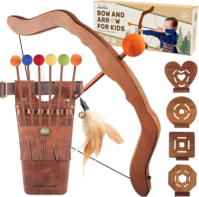 Bow and Arrow for Kids Wooden Archery Toy for Aged 3+, Archery Set with 6 Arrows,Targets and Quiver, Indoor and Outdoor Toys for Children Boys & Girls