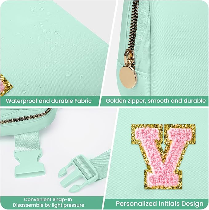 Birthday Gifts for 6 7 8 9 10 11 12 13 Year Old Girls, Personalized Crossbody Bags with Initial Letter Patch Fanny Pack Belt Bag for Teen Girls Cute Travel Essentials Trendy Stuff (Green,V)