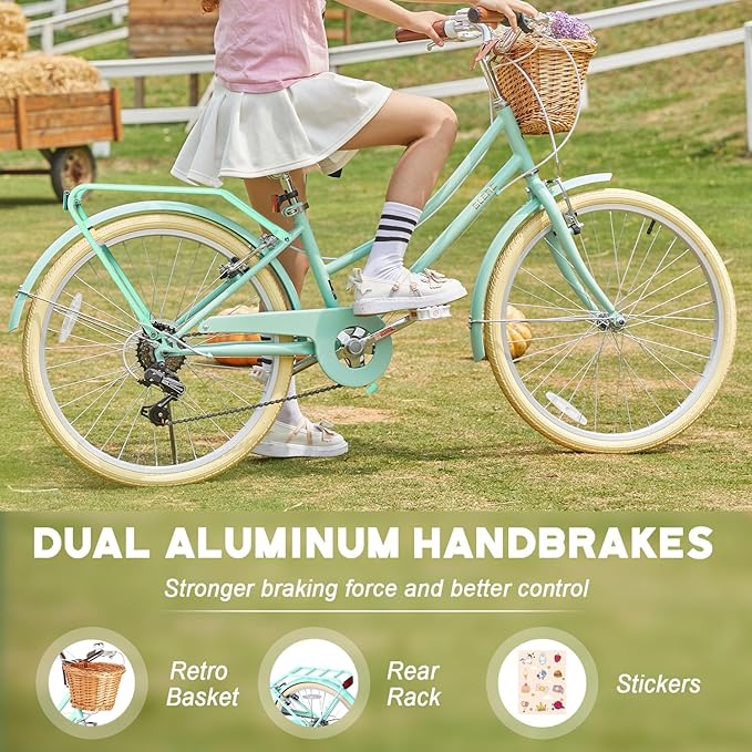 Glerc 20 24 26 Inch Beach Cruiser Bike, 6-Speed Hybrid City Bicycle for Girls Youth and Over 6 Years Old, Missy Bike with Wicker Basket & Lightweight, Multiple Colors