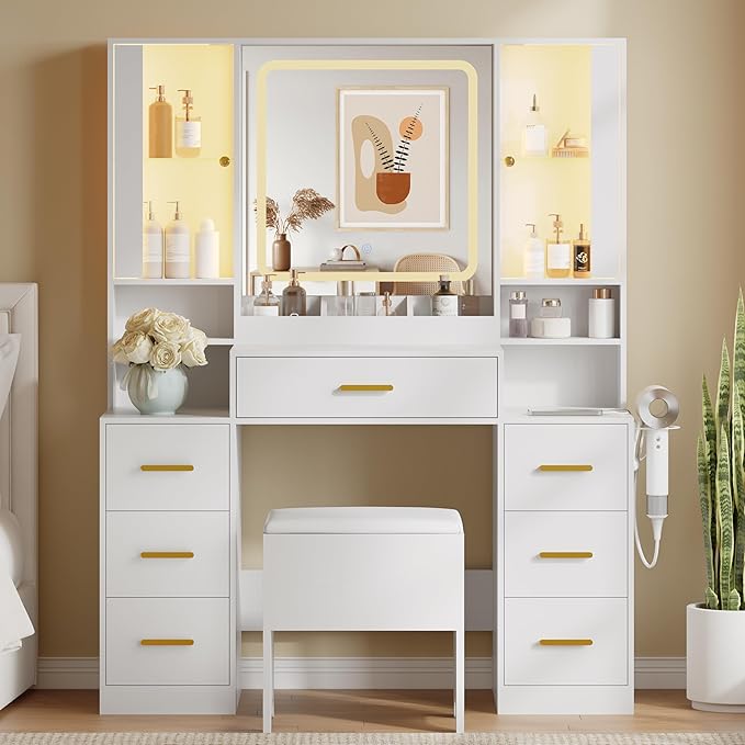43'' Makeup Vanity with Mirror and Lights, White Vanity Desk with 7 Drawers & Charging Station, 3 Lighting Modes & Adjustable Brightness, Cushioned Stool, Dressing Table for Girls, Women, Teens