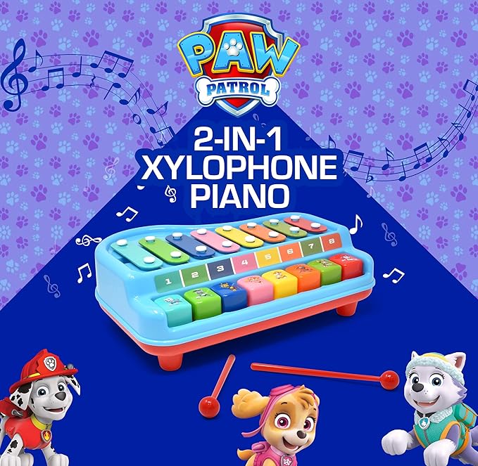 Paw Patrol 2 in 1 Baby Piano Xylophone Toy for Kids Toddlers Girls Boys Musical Instrument with Multicolored Keys Keyboard Sheet Music Two Mallets