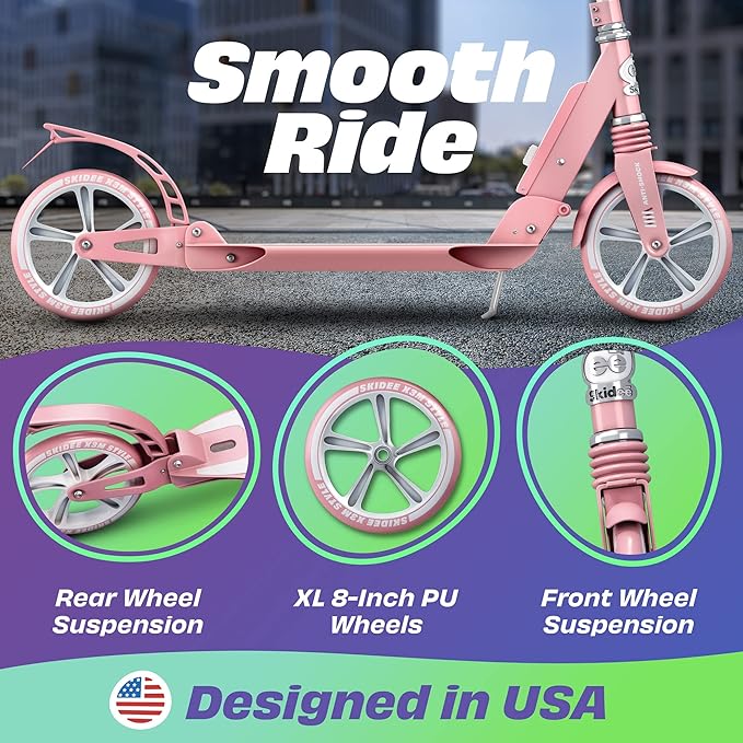 Skidee Adult & Teen Scooter Adjustable Height, Folding, Large Wheels, Lightweight, Durable, Anti-Shock Suspension, Up to 220 lbs