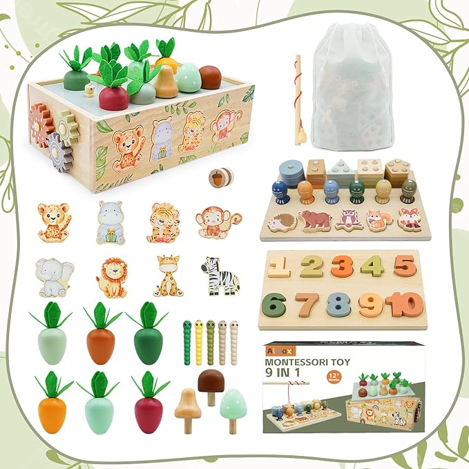 Montessori Wooden Toys for 1+ Year Old, 9 in 1 Montessori Toddler Toy with Preschool Educational Toys for 2+ Year Old, Birthday for Boys Girls