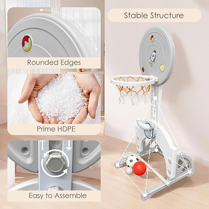 4-in-1 Toddler Basketball Hoop Adjustable Height Indoor Outdoor Sports Center for Kids Aged 1-3 Basketball, Soccer, Hockey & Ring Toss, Grey and White