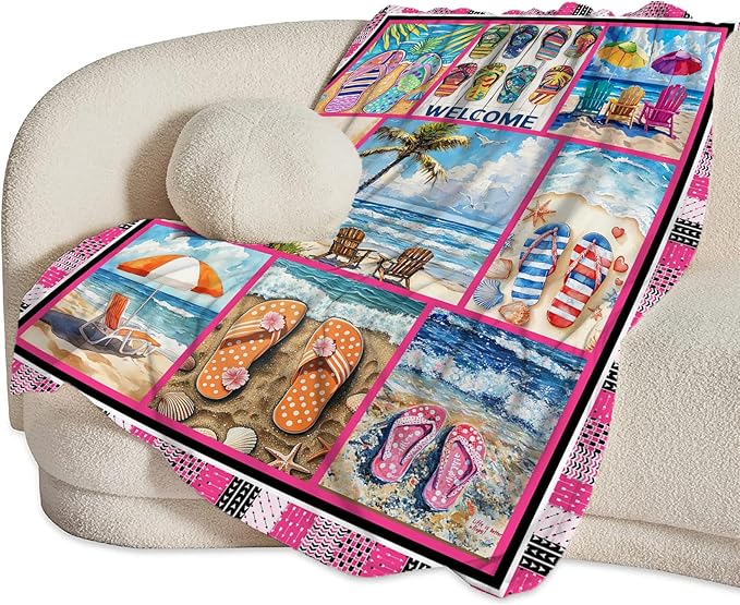 Coastal Blanket Ultra Soft Cozy Ocean Beach Palm Tree Throw Blanket Fleece Fuzzy Plush Bedding Blanket Beach Flip-Flops Decor Gifts for Women Girls Adults Couch Sofa 50"x40"