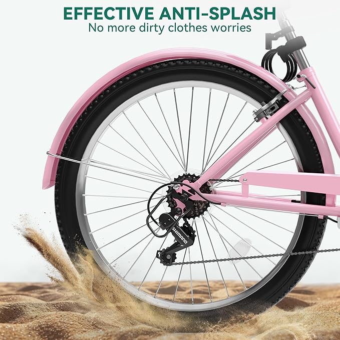 YITAHOME 24 & 26 Inch Beach Cruiser Bike, 7 Speed & Single Speed Commute Bike, Step-Through Bicycle for Adult Women & Men, Steel Frame Cruiser Bike with Full Front & Rear Fenders