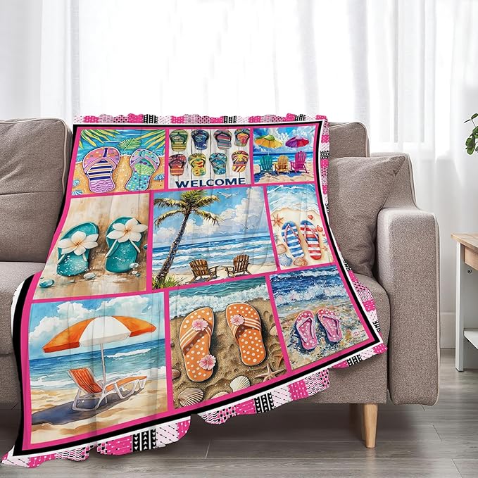 Coastal Blanket Ultra Soft Cozy Ocean Beach Palm Tree Throw Blanket Fleece Fuzzy Plush Bedding Blanket Beach Flip-Flops Decor Gifts for Women Girls Adults Couch Sofa 50"x40"