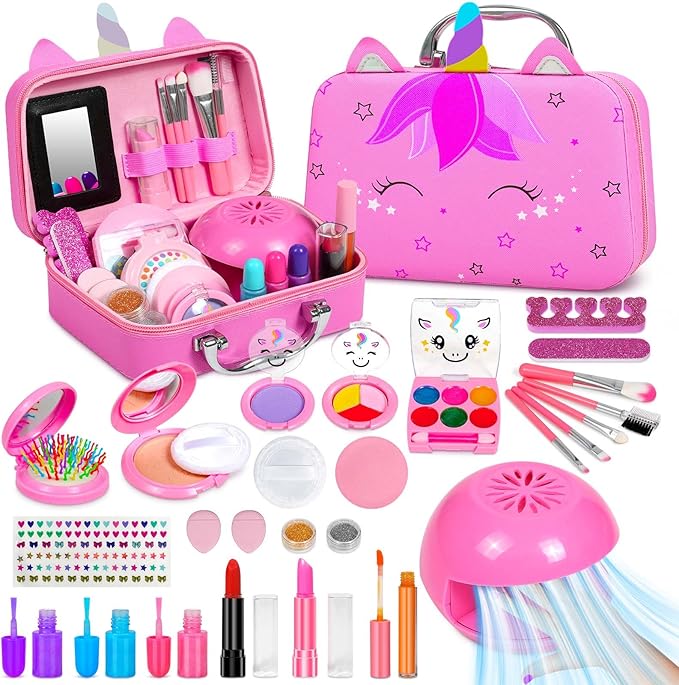 2 In 1 Kids Makeup Sets for Girls 3-5 5-8 8-12 Nail Art Machine Kits for Girl Toys Real Makeup Kit Pretend Makeup Set Princess Dress Up Christmas Birthday Gifts For 3 4 5 6 7 8 9 10 11 12 Girl Boy
