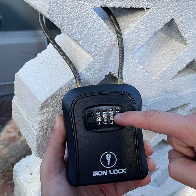 Iron Lock® Portable Key Lock Box and Wall Mount with Removable Cable Shackle Outdoor Waterproof 4 Digit Combination with Resettable Code with A B Switch Key Lockbox for Outside (Medium, Black)