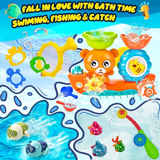 Bath Toys for Kids 1-3 Fishing Games Swimming Wind-up Turtle Toddler Bathtub Toy Water Tub Pool Toys for Baby 1 2 3 4 Years Boys Girls Gift Box