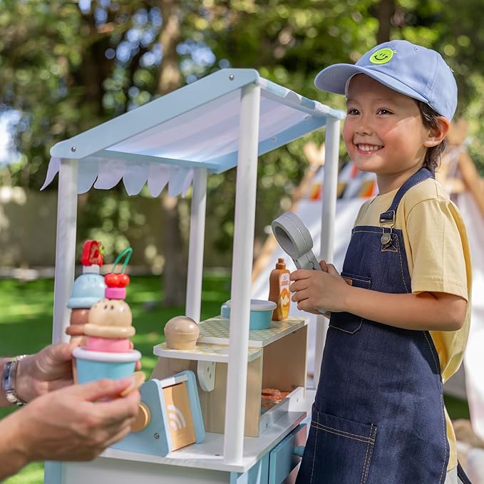Teamson Kids My Little Helper Ice Cream Cart with Pretend Money, Colorful Magnetic Ice Cream Scoops and Chalkboard Panel, Blue/White