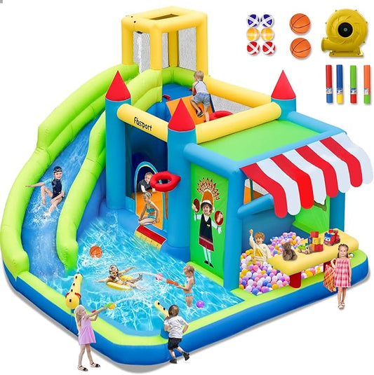 FBSPORT Inflatable Bounce House Water Slide, Bounce House for Kids with Toy Market Stand Splash Pool Bouncer Climbing Wall Water Gun Ball Dart, Bouncy Castle W/620W Blower for Outdoor Indoor, Green