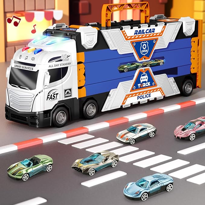 65-Inch Race Car Tracks and 20 Car Toys for Kids Boys Toddlers, Boy Toddler Toys Trucks for 3 4 5 6 7 8 Years Old Kids with Lights Sounds, Truck Toys Gift for 3 4 5 6 7 8 Years Old Boys Girls