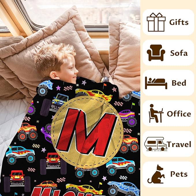 Boys Blankets, Personalized Truck Blanket with Initial Monogram for Kids Toddlers, Cute Car Throws Blanket Gift, Soft Cozy Flannel Throw for Sofa Bed Couch Decor