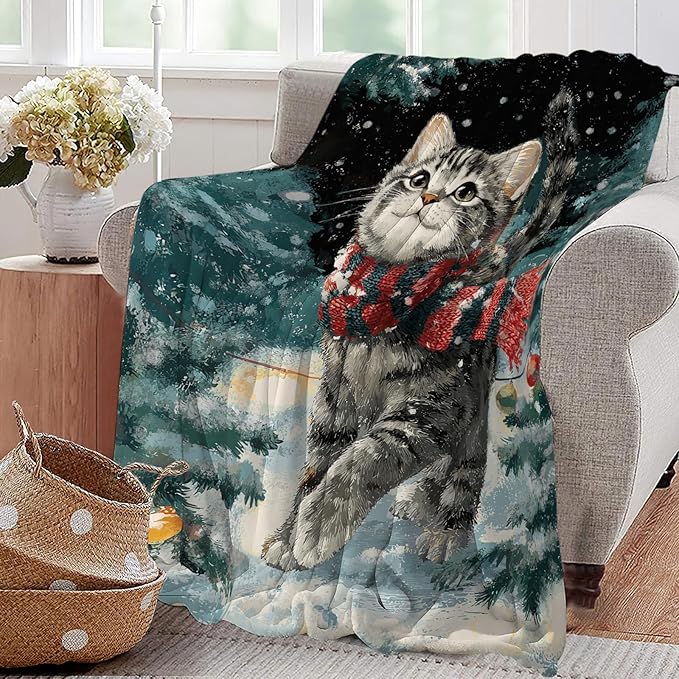 Cat Blanket Christmas Winter Night Throw Blankets Kitten Gifts for Girls Boys Kids Cat Lover Soft Cozy Fleece Plush for Couch Sofa Bed 50"x40"