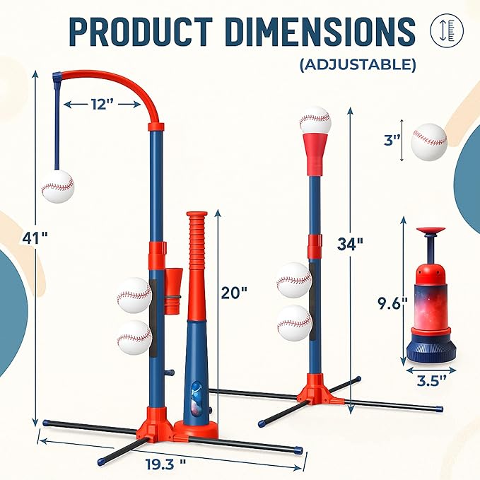3-in-1 Baseball Set for Kids and Toddlers Ages 3-5 – Includes Tee Ball Stand, Hanging Tee, Automatic Ball Launcher, and 6 Softballs – Adjustable Height for Indoor/Outdoor Play – Sports Gift for Boys