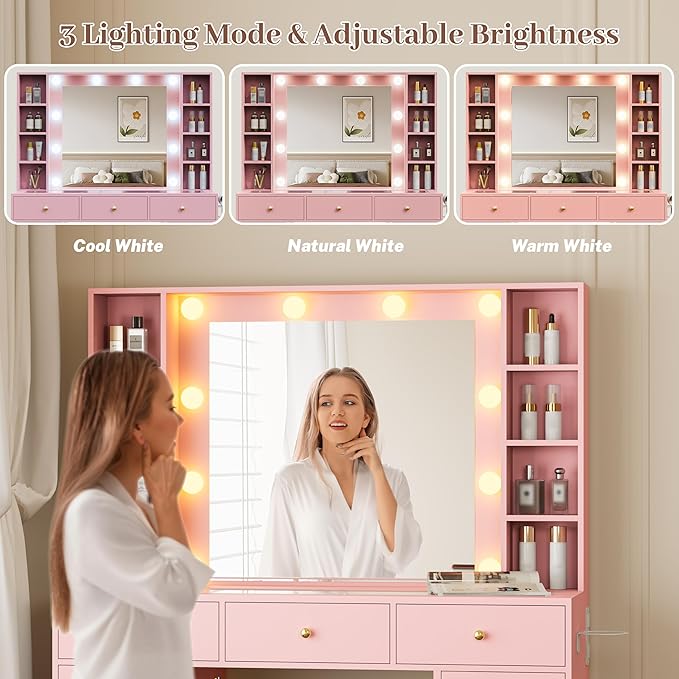 Makeup Vanity with Mirror and Lights, 43'' Wide Dressing Table with Storage Drawers, Open Shelves & Power Outlet, Vanity Desk with RGB Cabinet & Glass Top for Girls Bedroom, Living Room, Pink