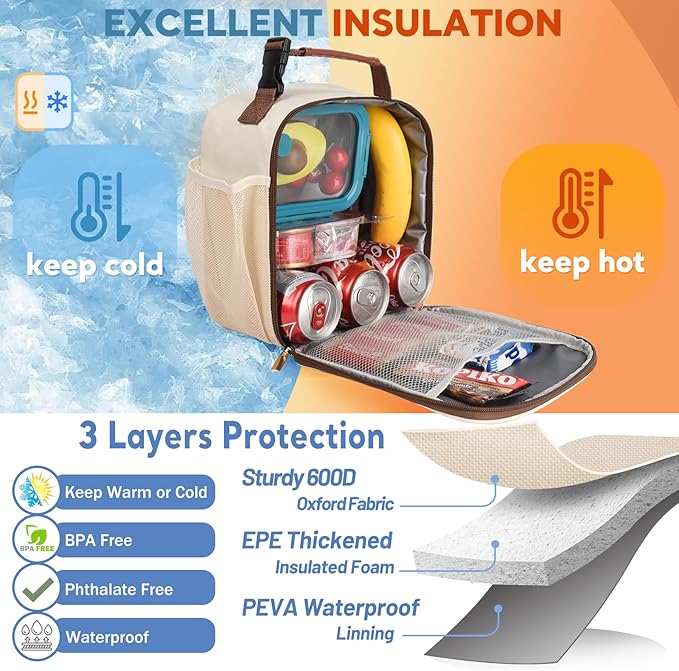 Genteen Lunch Bag for Women Men Girls Teens Insulated Leakproof LunchBox for Adult Reusable Lunch Box with Bottle Holder for Work Office School Travel Picnic-Gray/White