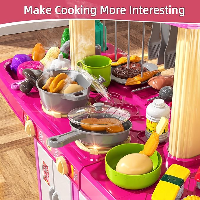 Pretend Play Kitchen Toys for Kid Ages 2-6 4-8, 2 Sided Kitchen Toys with Light, Sound and Spraying, Sink Toy Accessories, Cooking Stoves, Food Toys for Toddlers 1-3 3-5 Boys Girls 6-12 (Pink)
