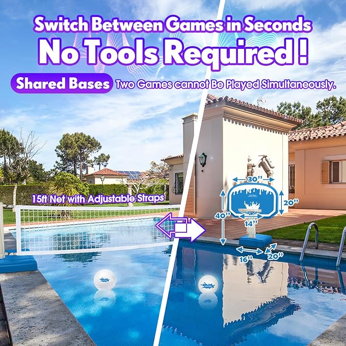 2-in-1 LED Pool Volleyball & Basketball Game Set, Light Up Pool Sport Combo Set with 14in LED Rim/4 Glow Balls/2 Base/Pump, Inground Swimming Pool Toy Game for Adults & Family