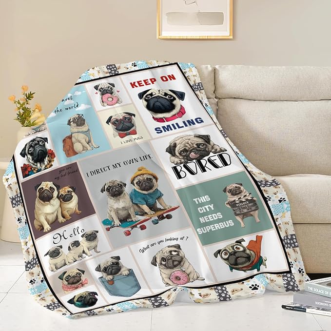 Pug Throw Blanket Pug Puppy Stuff Gifts for Dog Lover Kids Girls Boys Adults Women Men Soft Cozy Warm Plush Fluffy Fuzzy Fleece Blanket Decor 60''X80''