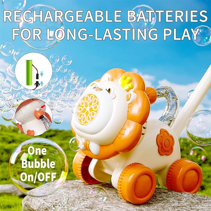 Lion Bubble Lawn Mower for Toddlers, Automatic Bubble Machine Maker for Kids, Summer Outdoor Yard Garden Activity Push Toys, Birthday Gift for Boys Girls 3 4 5 Year Old