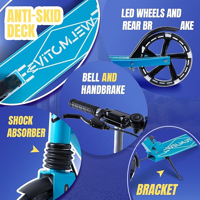 Kick Scooter for Kids Ages 8+ Teens & Adults, with Front handbrake and Rear Brake, and Adjustable Handlebars, Big Sturdy PU Flash Wheels Great Gift & Toy