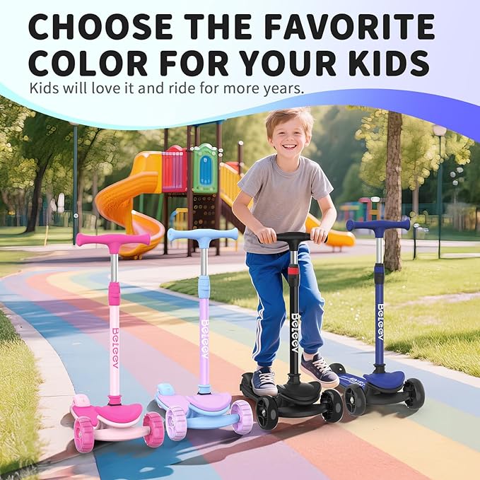 BELEEV A8 Scooter for Kids Ages 3-12, 3 Wheel Folding Scooter for Toddlers Girls Boys, LED Light-Up Wheels, 4 Adjustable Height, Lean to Steer, Extra Wide Wheels, Three Wheel Kick Scooter for Children