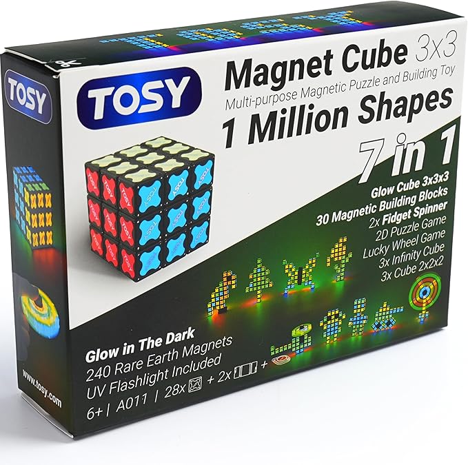 TOSY Magnet Cube 3x3 - 30 Blocks, 240 Magnets, Multipurpose: Creative Building Blocks, Transformable Fidget Spinner, Puzzle/Infinity Cube, Christmas Stocking Stuffers Gift for Kids, Glowing STEM Toy