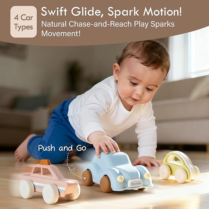 Moonkie Food Grade Silicone Toy Cars for Toddlers 1-3, Push and Go Baby Car Toys 6-12 Months+, One-Piece Design Infant Toys, Birthday Gifts for 1 Year Old Boy Girl, Easy to Clean & Grasp, 5 Pack