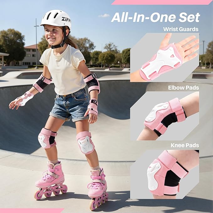 ZIFFY Knee Pads for Kids, Adjustable Knee and Elbow Pads Set with Wrist Guard, Protective Gear for Boys Girls Skateboard Roller Skating Cycling Bike – 2 Sizes, 4 Colors by Jova