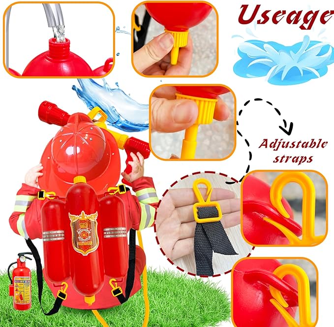 Firefighter Backpack Water Gun Blaster Set for Kids,Fireman Tank with Hose Shooter Toy,Mini Fire Extinguisher Squirter for Halloween Costume,Outdoor Play,Swimming Pool,Beach,Party