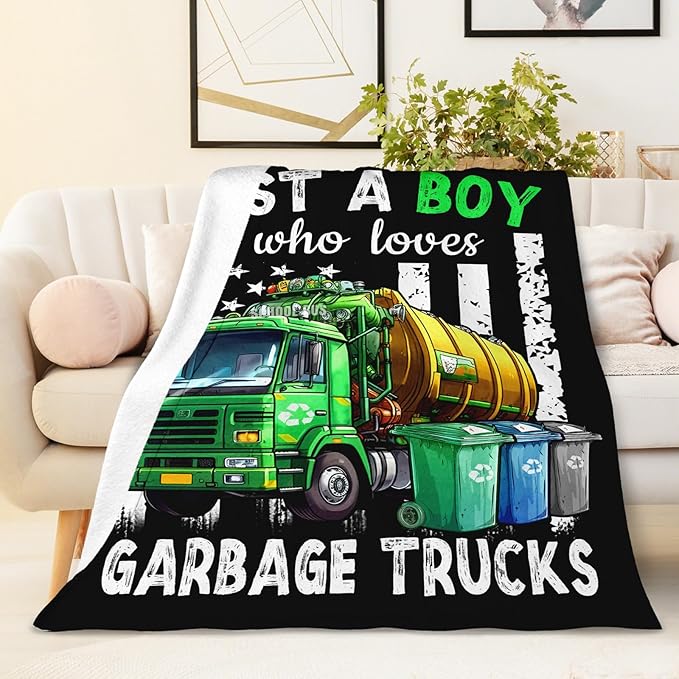 Garbage Truck Blanket for Boys - 30x40 Inches Cute Throw Blanket Gifts for Kids Truck Lovers - Black Soft Fuzzy Car Blankets for Sofa Couch Bed