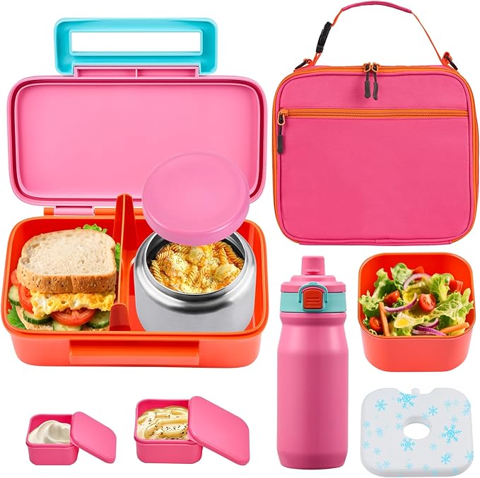 PIQUEBAR Kids Lunch Bento Box with 8oz Thermo Ice Pack Food Container with Insulated Lunch Bag, Insulated Water Bottle with Straw for Girls Boys, (A-Pink)